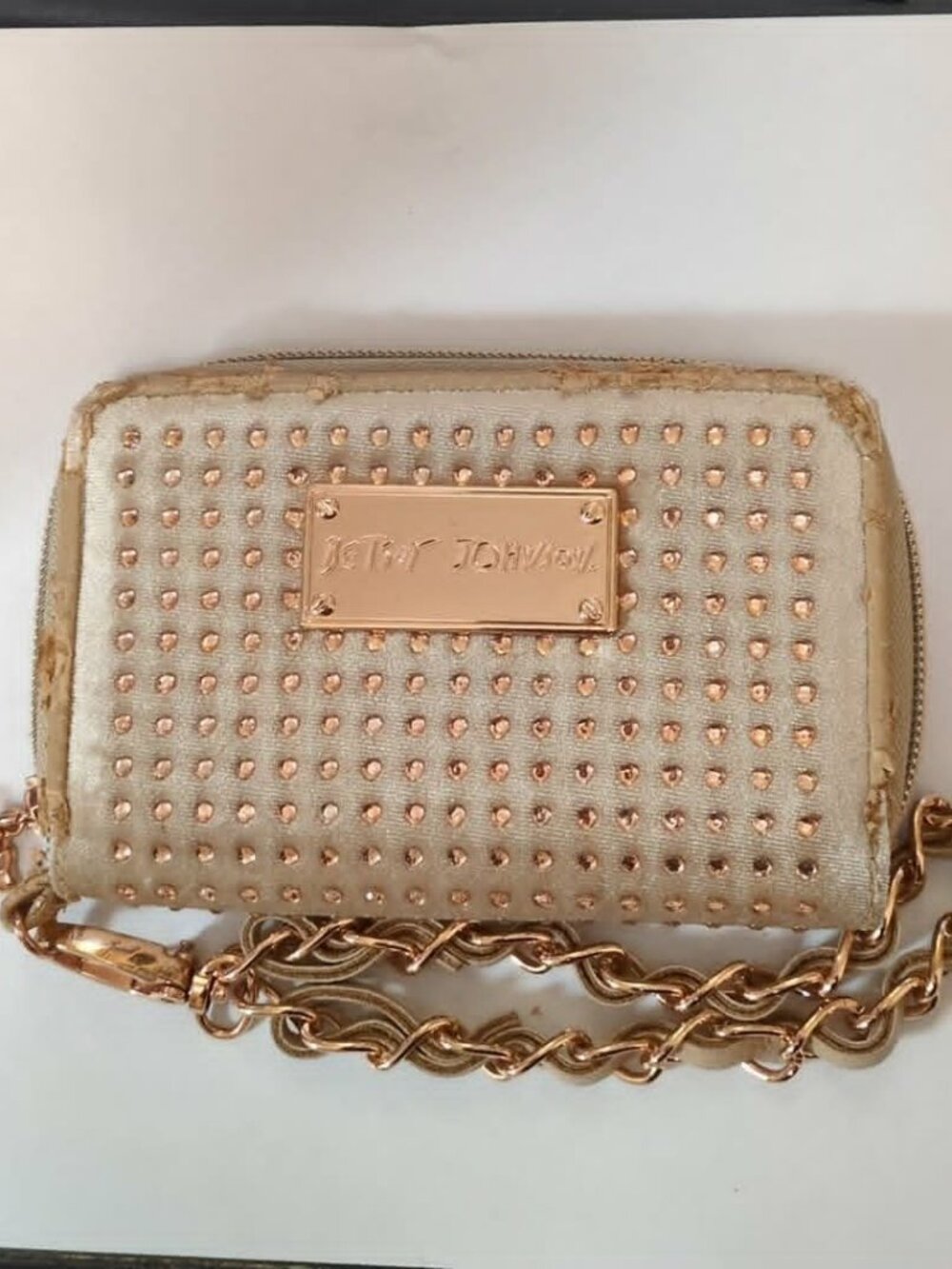 Betsey Johnson Studded Zip-Around ID Coin Purse Rose Gold *Flawed Peeling Edges